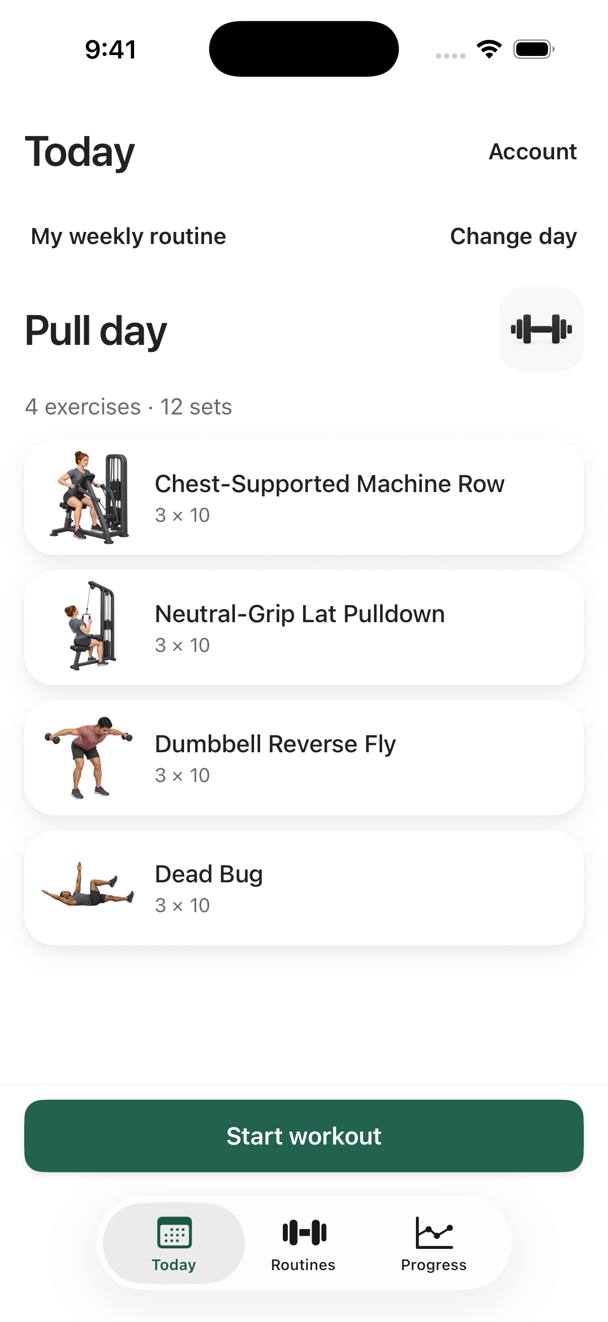 Track My Sets Today screen with a planned workout and illustrated exercises.